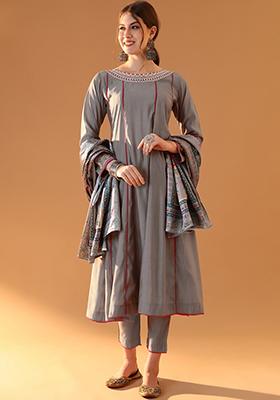 Grey Embroidered Chanderi Kurta Set