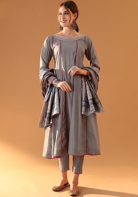Grey Embroidered Chanderi Kurta Set