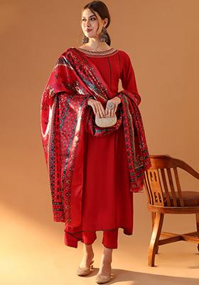 Red Embroidered Viscose Rayon Kurta Set