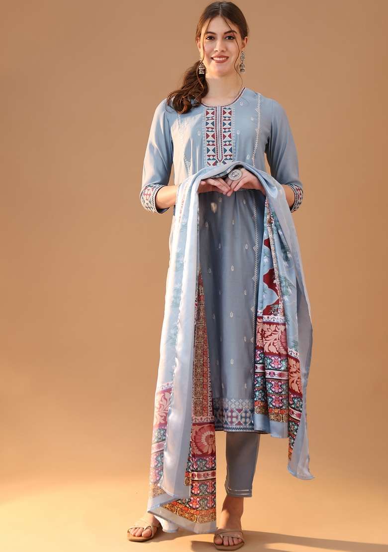 Blue Embroidered Chanderi Straight Kurta Set - Indya