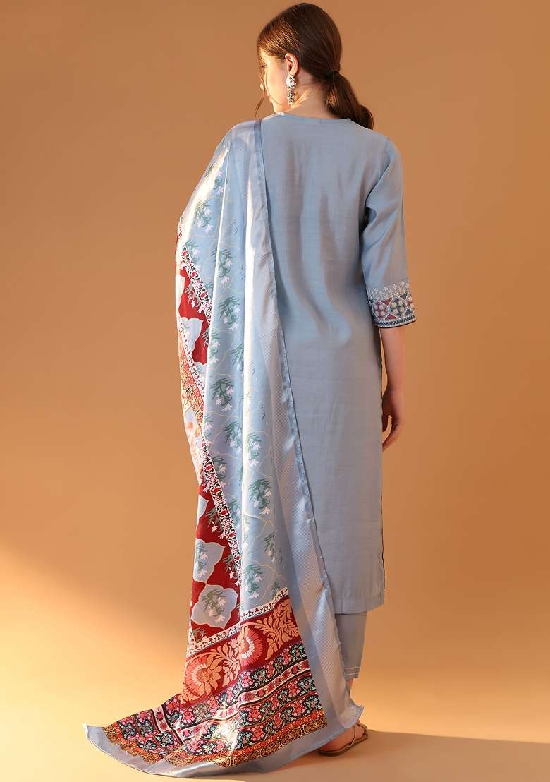 Blue Embroidered Chanderi Straight Kurta Set - Indya