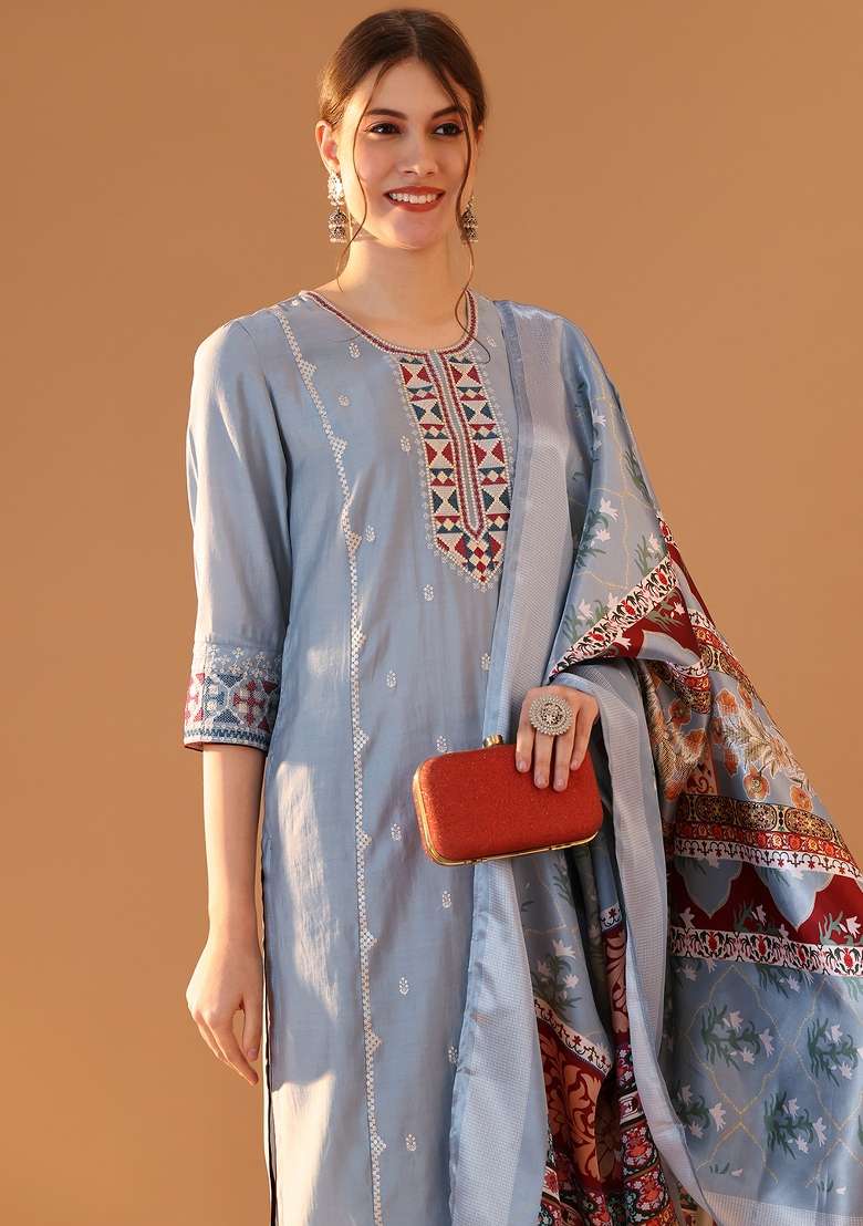 Blue Embroidered Chanderi Straight Kurta Set - Indya