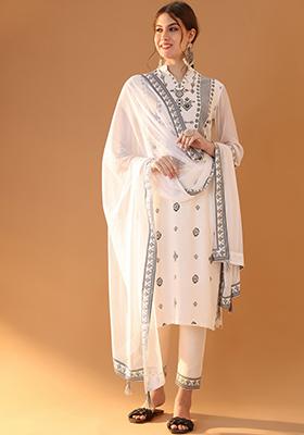White Block Print Viscose Rayon Kurta Set