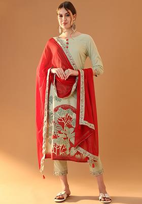 Green Block Print Cotton Kurta Set