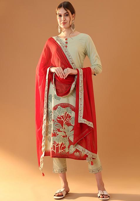 Green Block Print Cotton Kurta Set