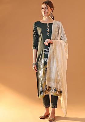 Green Block Print Cotton Kurta Set