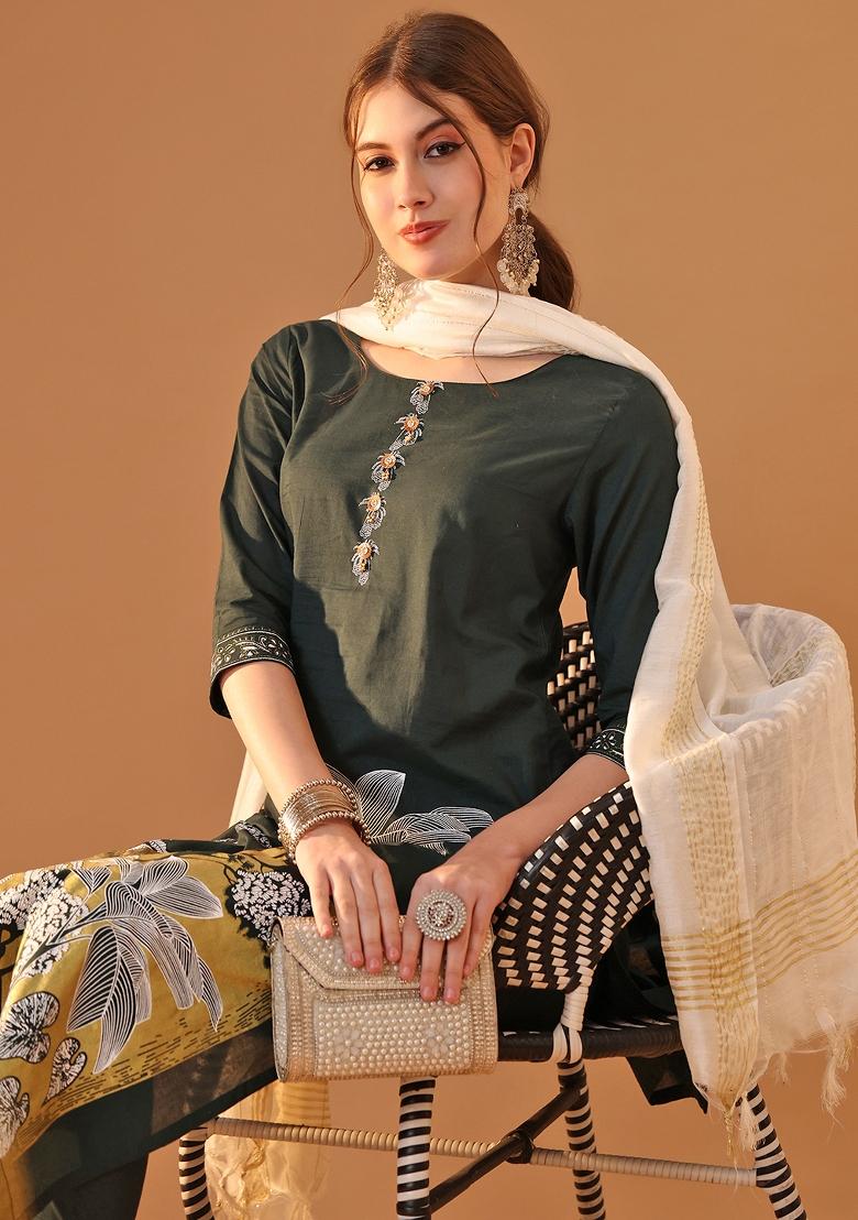 Green Block Print Cotton Kurta Set - Indya