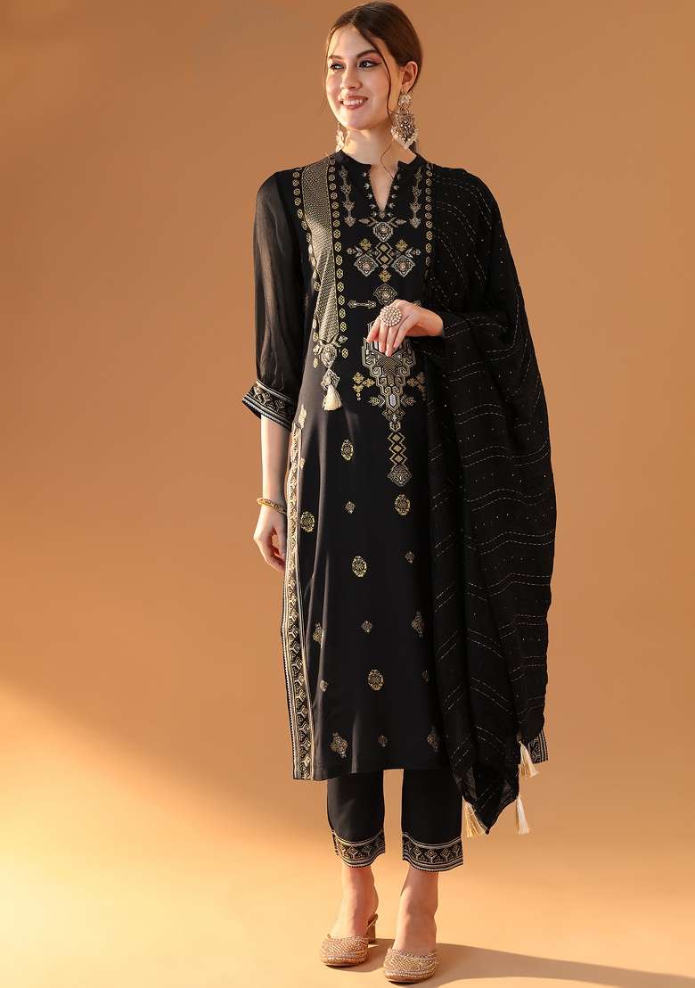 Black Embroidered Viscose Pakistani Suit Set - Indya