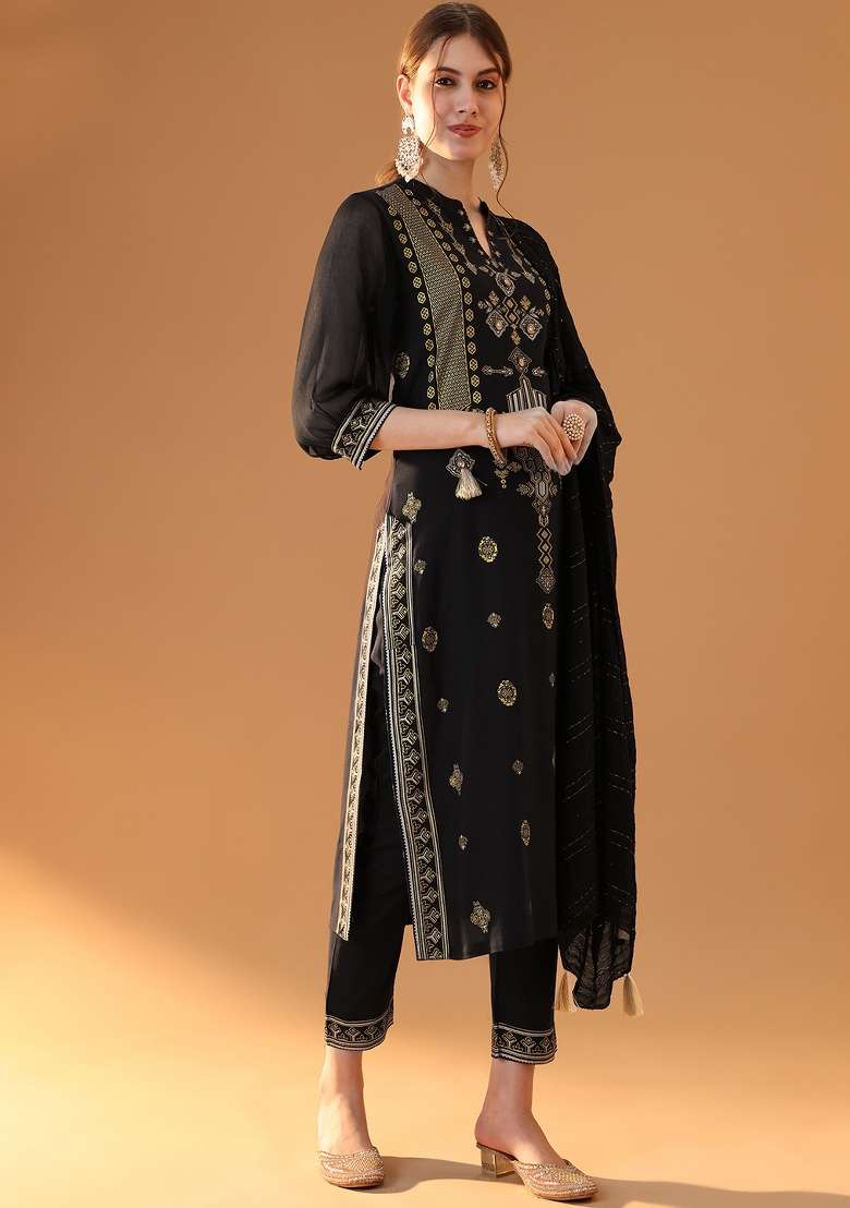 Black Embroidered Viscose Pakistani Suit Set - Indya