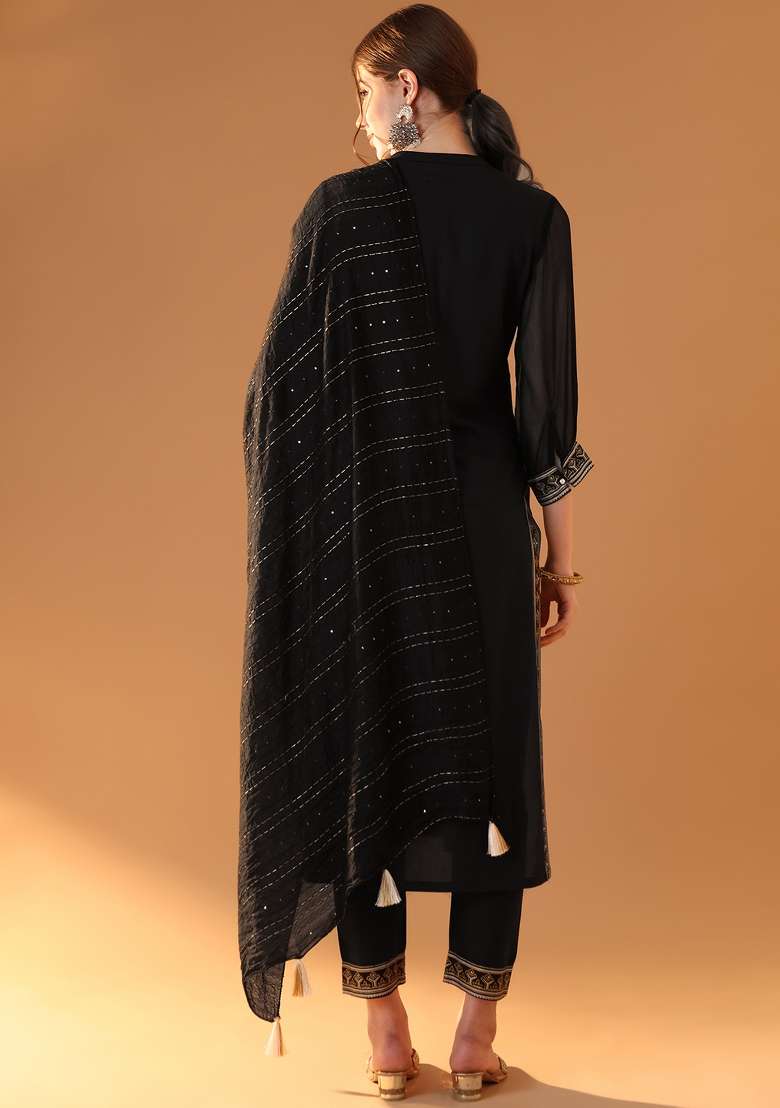 Black Embroidered Viscose Pakistani Suit Set - Indya