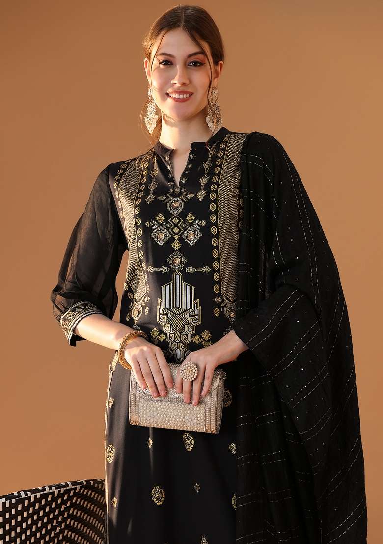 Black Embroidered Viscose Pakistani Suit Set - Indya