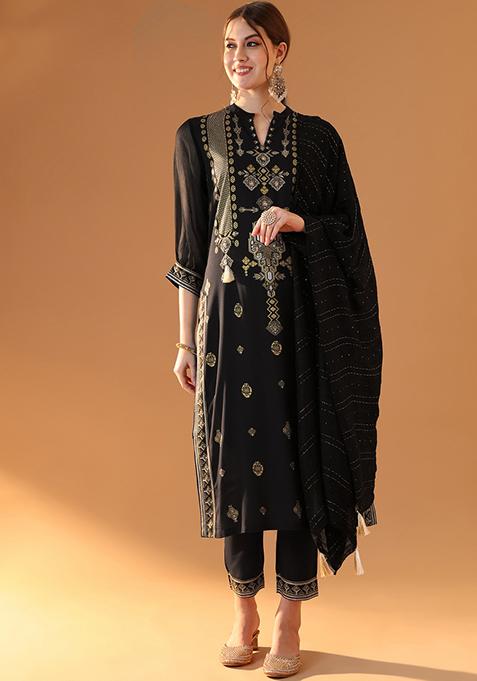 Black Block Print Viscose Rayon Kurta Set