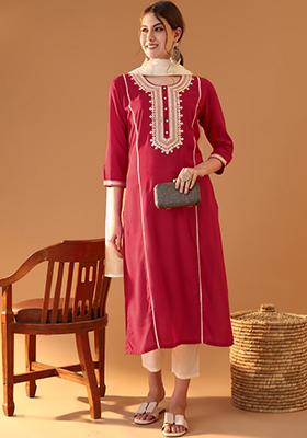 Red Embroidered Viscose Rayon Kurta Set