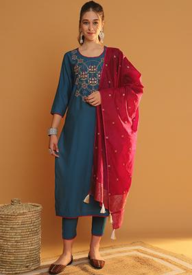 Teal Blue Embroidered Chanderi Kurta Set