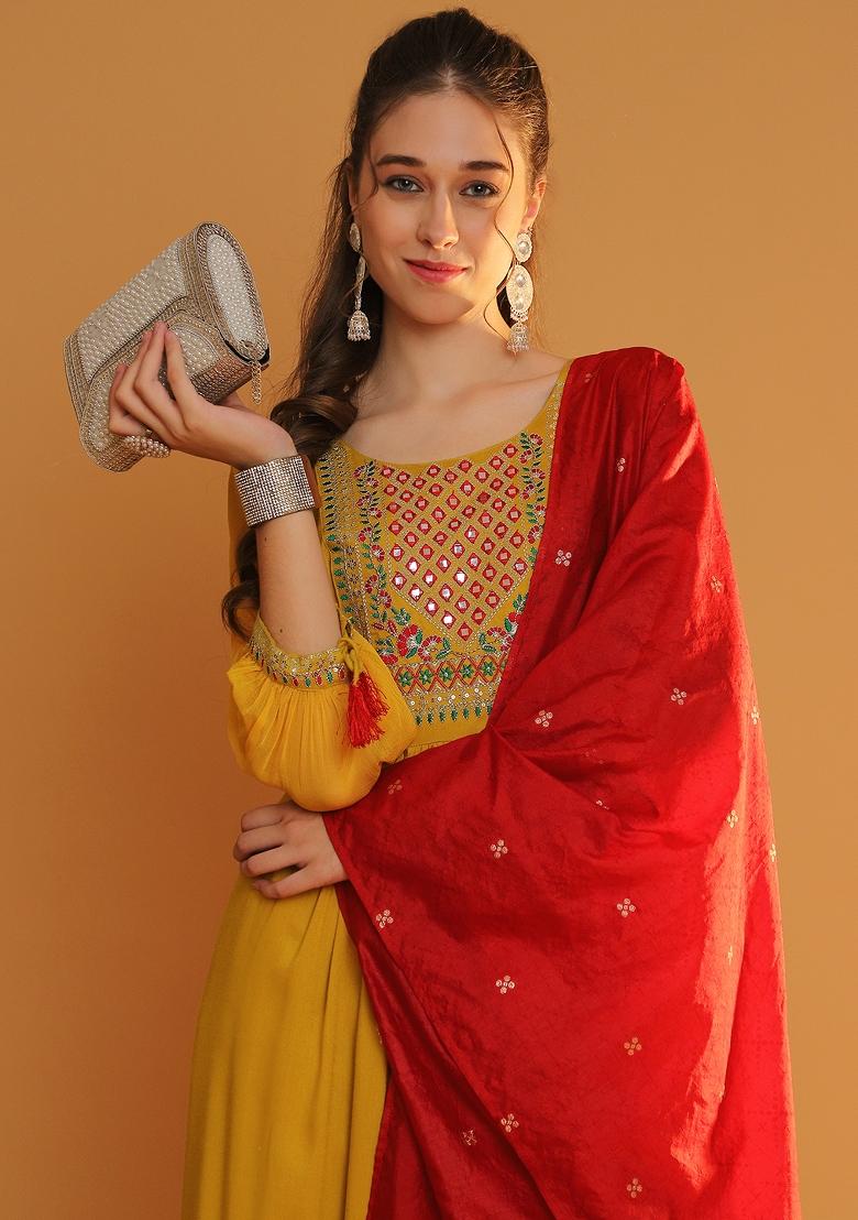 Mustard Yellow Embroidered Viscose Rayon Kurta Set - Indya