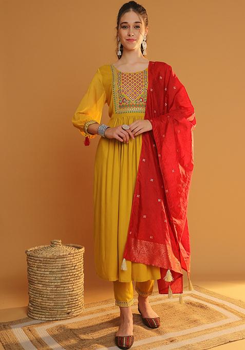 Mustard Yellow Embroidered Viscose Rayon Kurta Set
