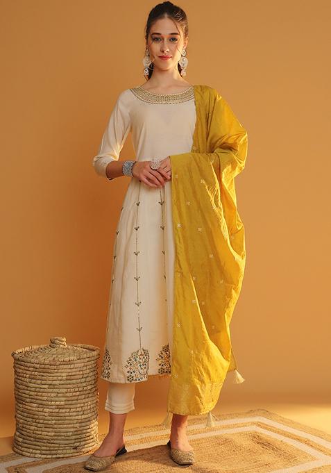 Cream Embroidered Viscose Rayon Kurta Set