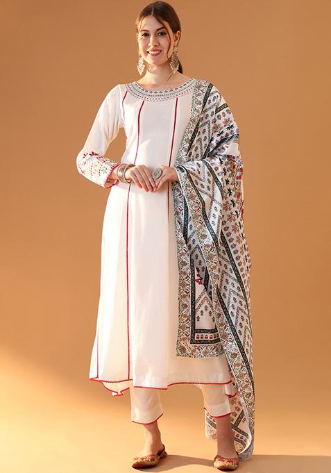 White Embroidered Viscose Rayon Kurta Set