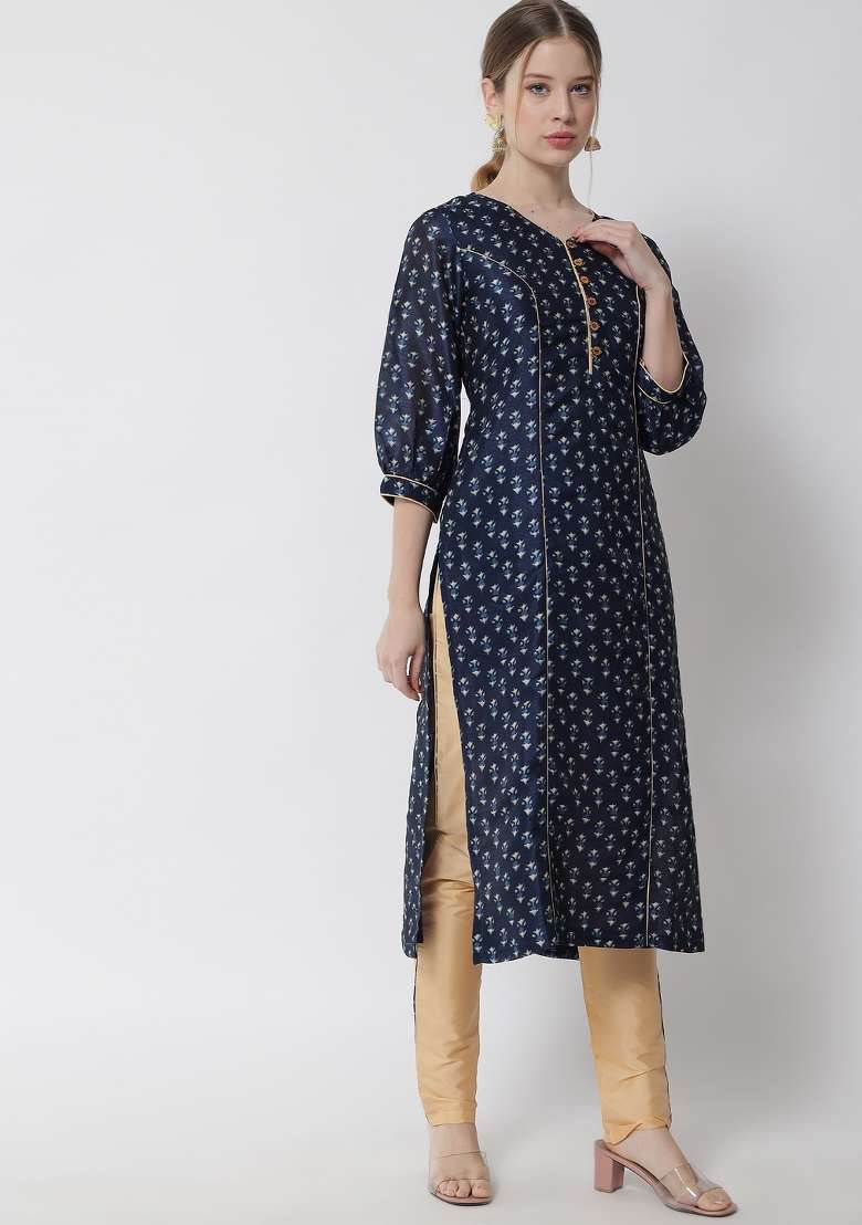 Green Floral Print Cotton Straight Kurta Set - Indya