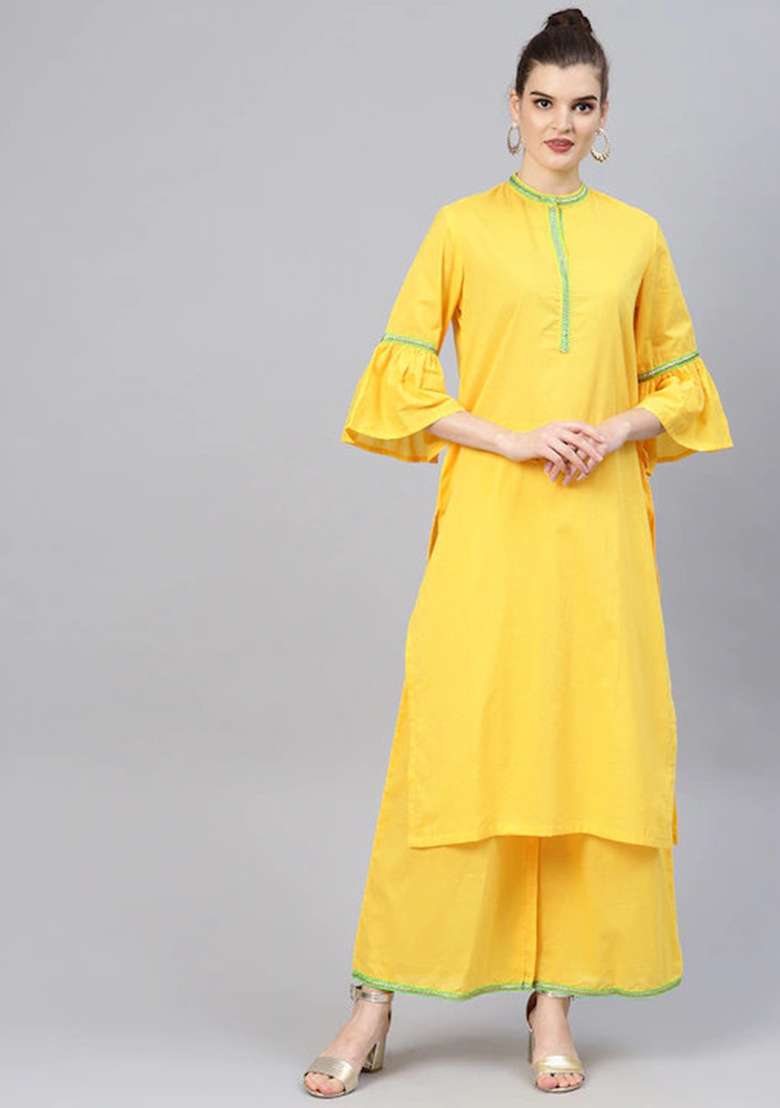 Green Solid Cotton Straight Kurta Set - Indya