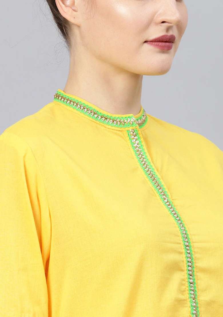 Green Solid Cotton Straight Kurta Set - Indya