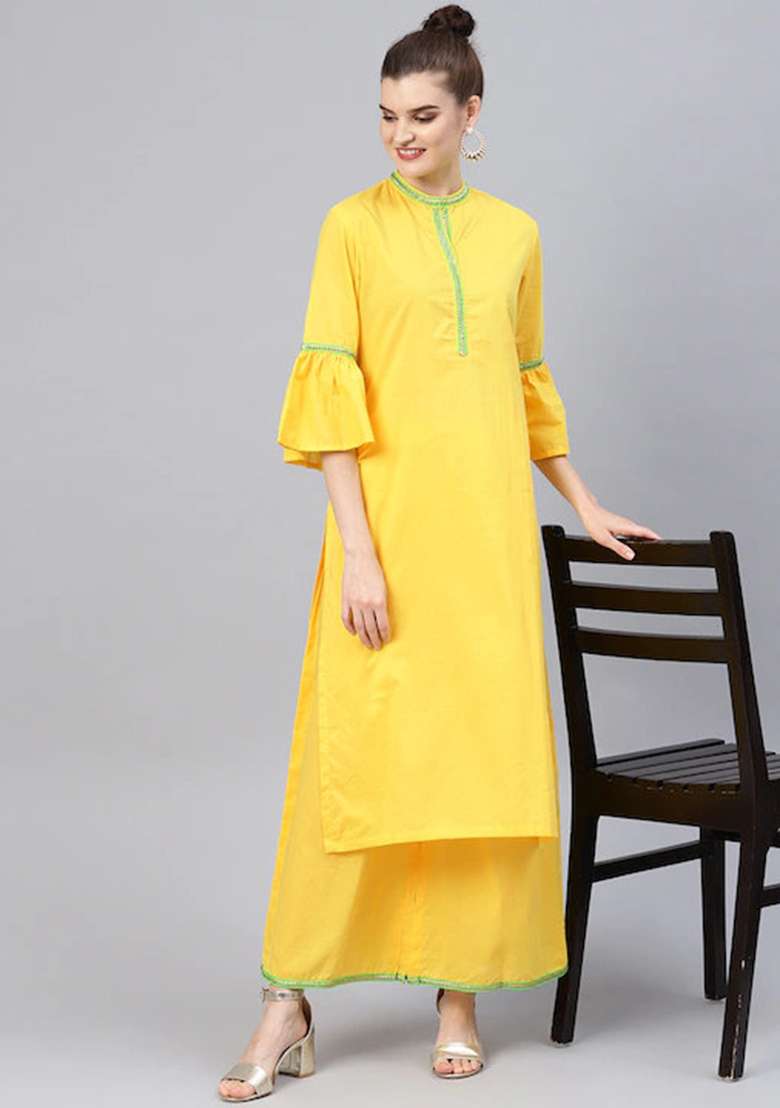 Green Solid Cotton Straight Kurta Set - Indya