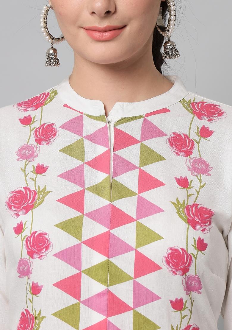 Green Printed Viscose Rayon Kurta Set - Indya