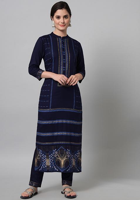 Green Printed Viscose Rayon Kurta Set