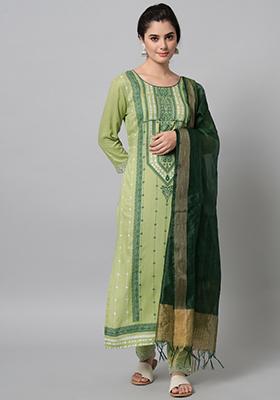 Green Printed Viscose Rayon Kurta Set