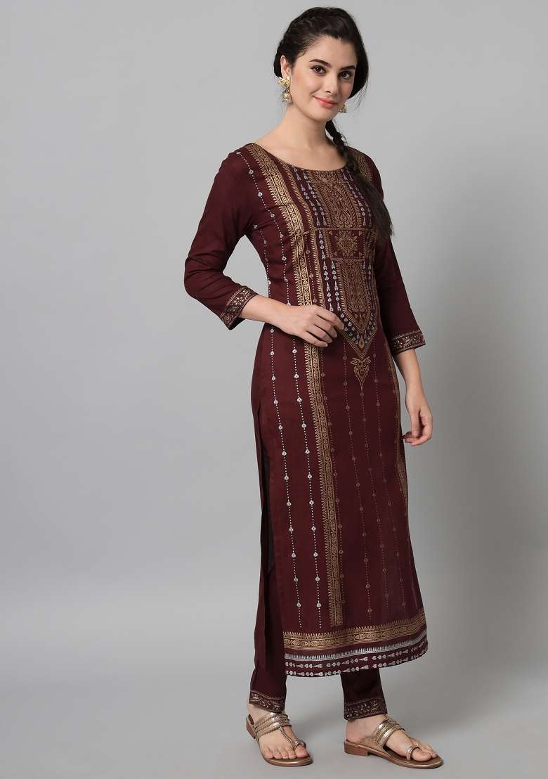 Green Embroidered Viscose Straight Kurta Set - Indya