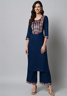 Green Embroidered Viscose Rayon Kurta Set