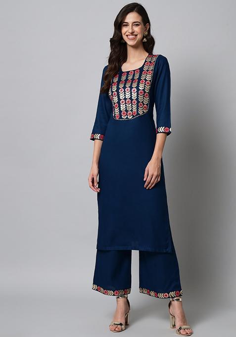 Green Embroidered Viscose Rayon Kurta Set