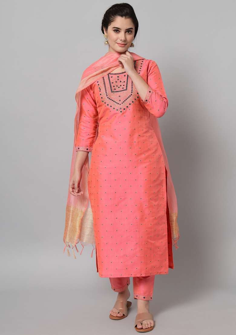 Green Embroidered Cotton Straight Kurta Set - Indya