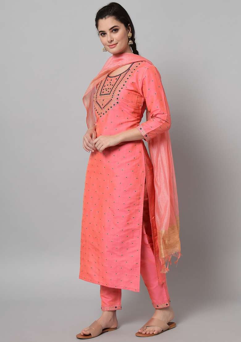 Green Embroidered Cotton Straight Kurta Set - Indya