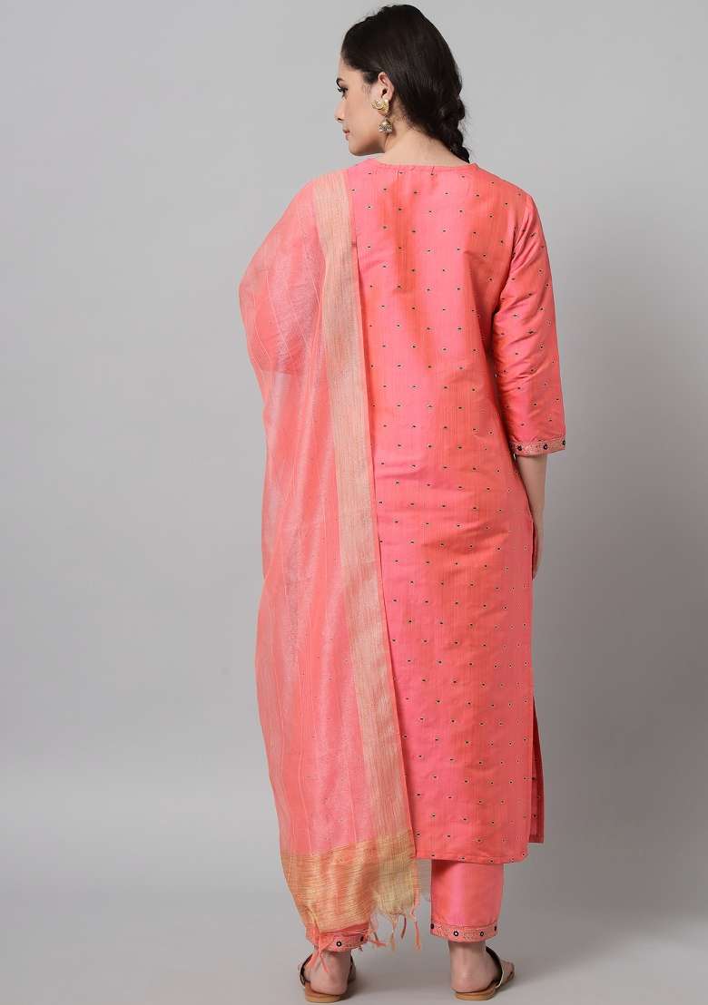 Green Embroidered Cotton Straight Kurta Set - Indya