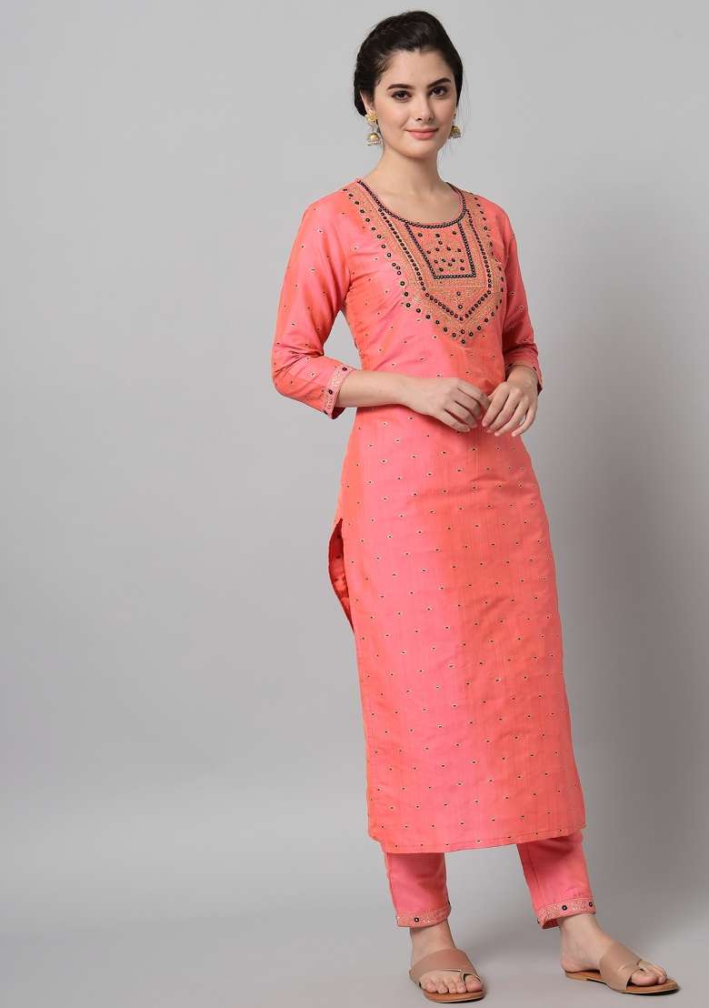 Green Embroidered Cotton Straight Kurta Set - Indya