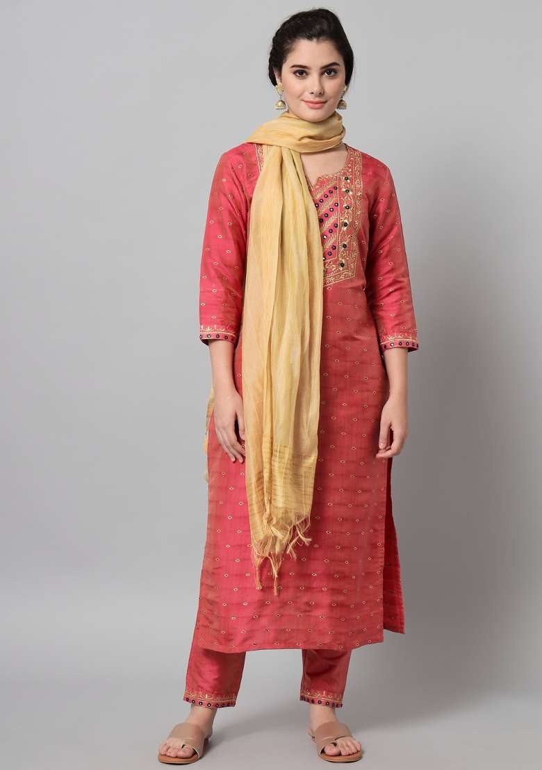 Green Jacquard Cotton Straight Kurta Set - Indya