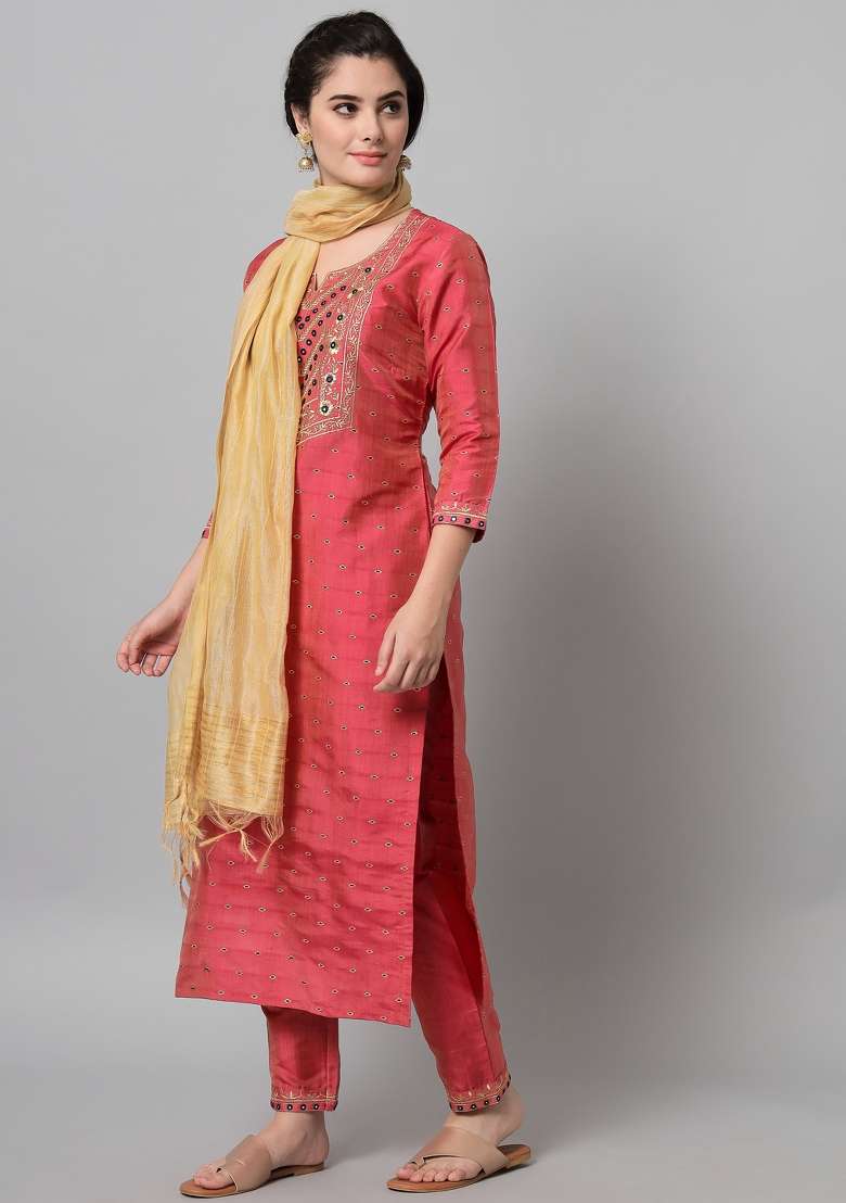 Green Jacquard Cotton Straight Kurta Set - Indya