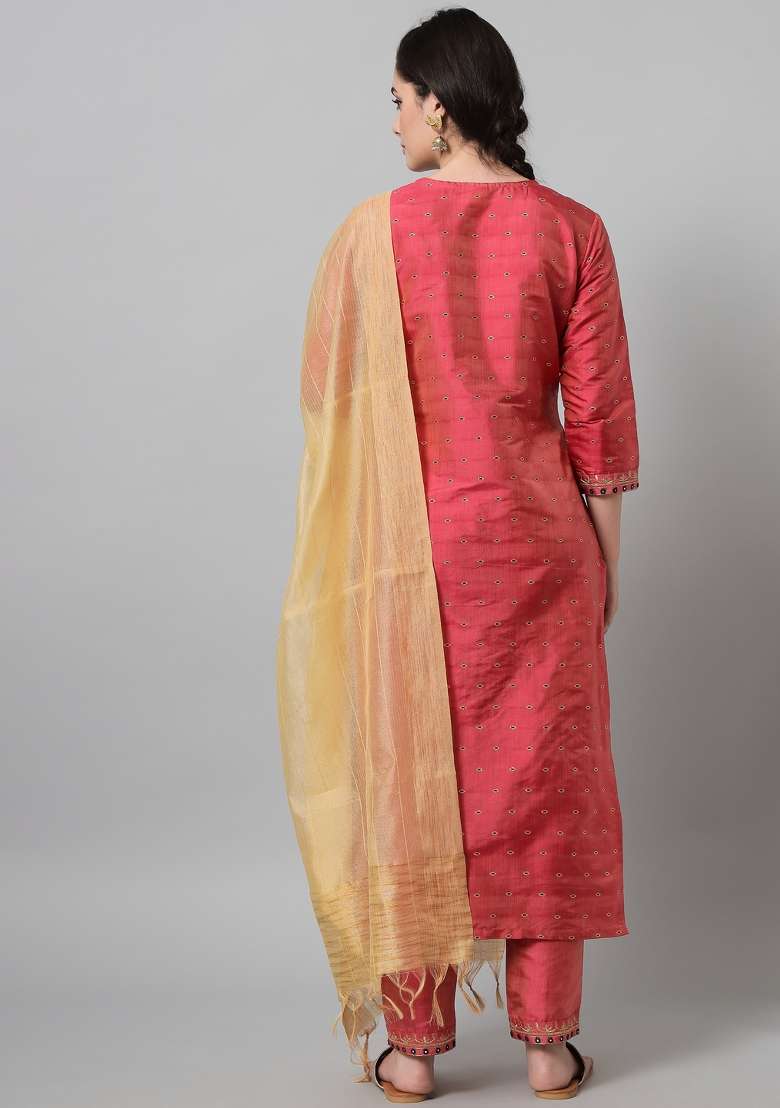 Green Jacquard Cotton Straight Kurta Set - Indya