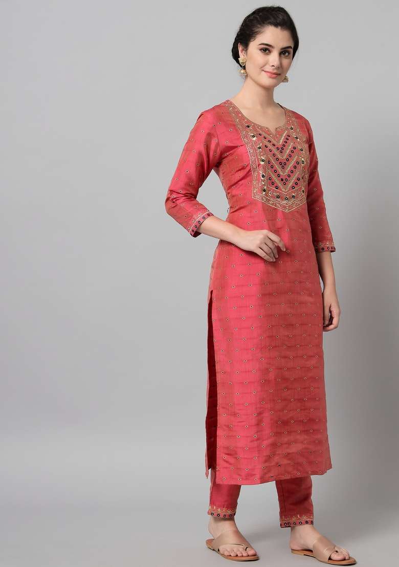 Green Jacquard Cotton Straight Kurta Set - Indya
