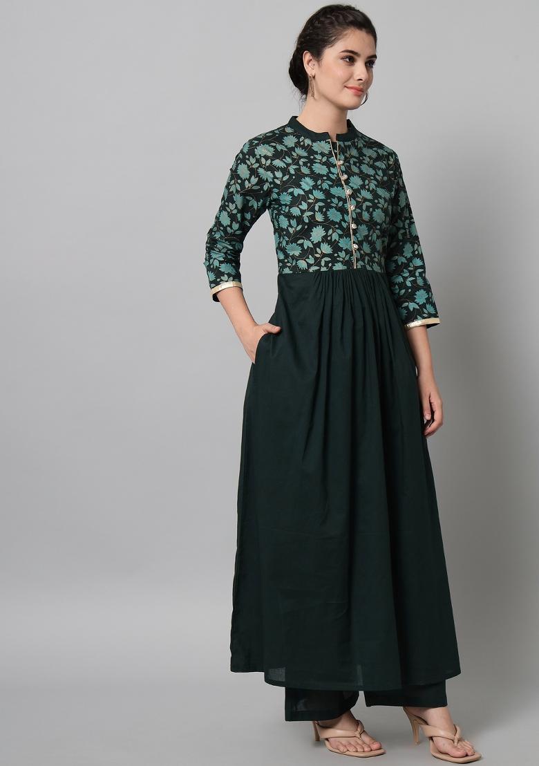 Green Printed Cotton Kurta Set - Indya