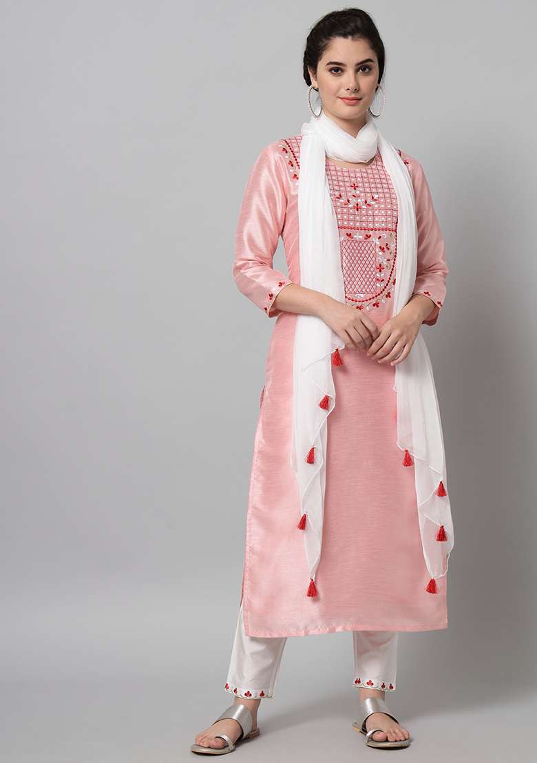 Green Embroidered Cotton Straight Kurta Set - Indya