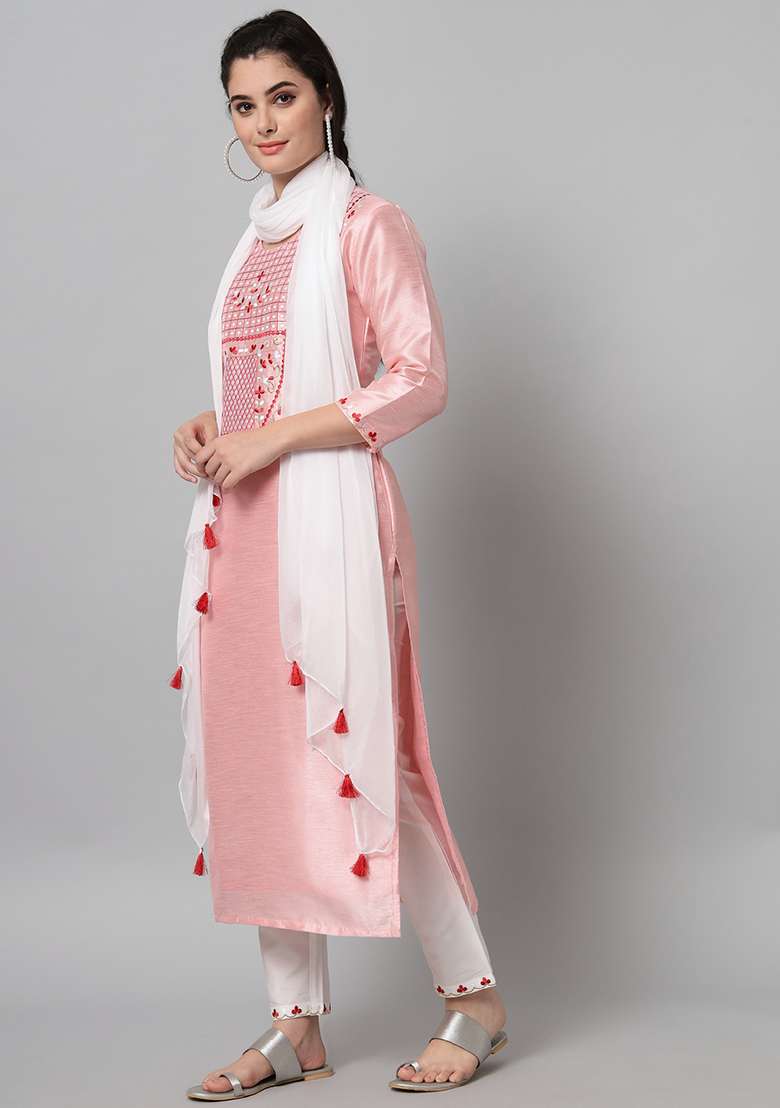 Green Embroidered Cotton Straight Kurta Set - Indya