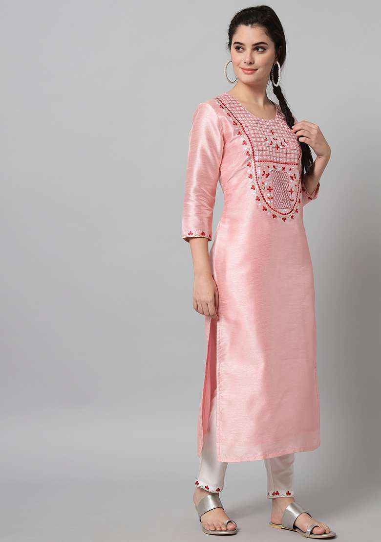 Green Embroidered Cotton Straight Kurta Set - Indya