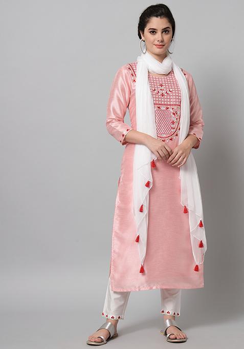 Green Embroidered Cotton Straight Kurta Set
