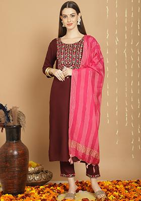 Green Embroidered Viscose Rayon Kurta Set