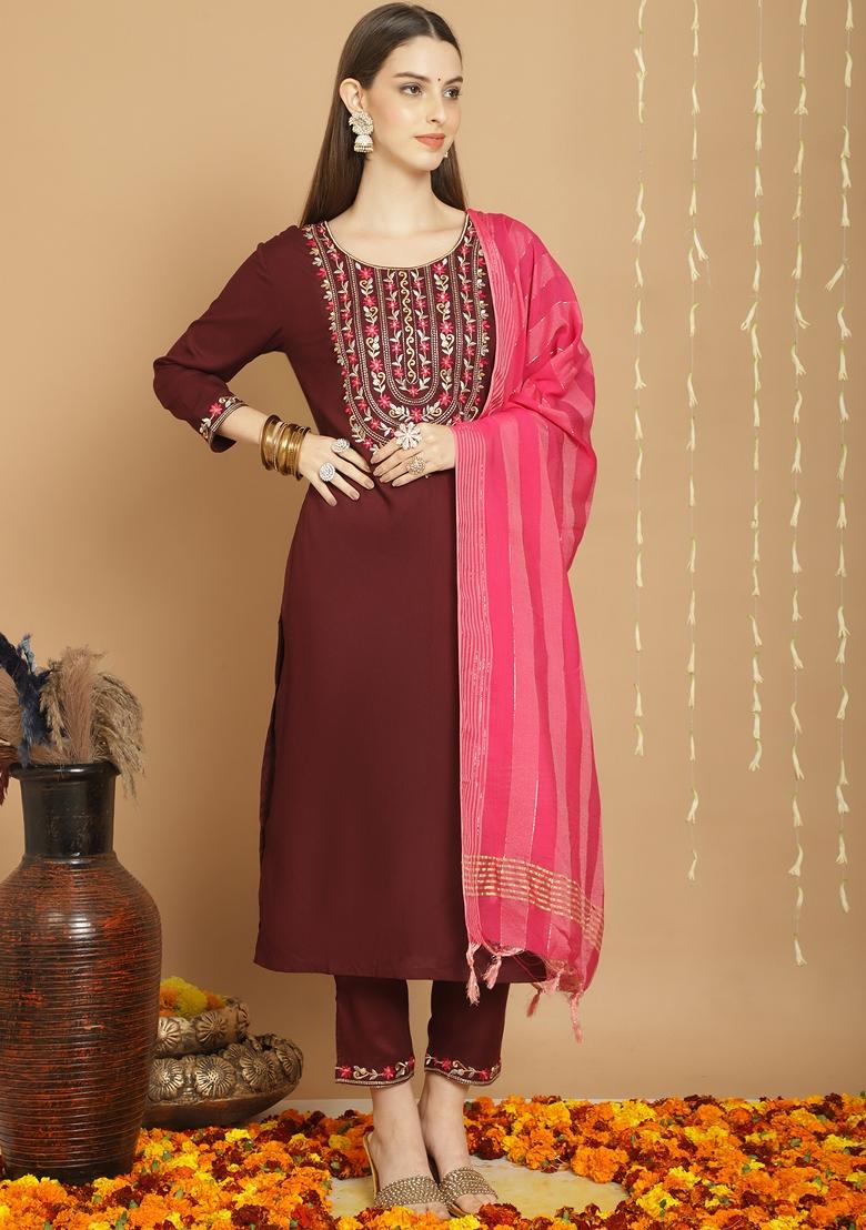 Green Embroidered Viscose Rayon Kurta Set - Indya