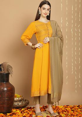 Green Printed Viscose Rayon Kurta Set