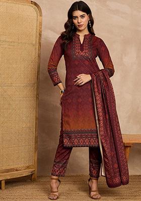 Brown Embroidered Velvet Kurta Set