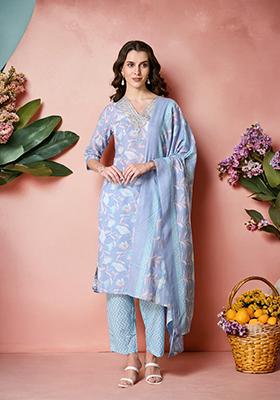Blue Embroidered Cotton Kurta Set